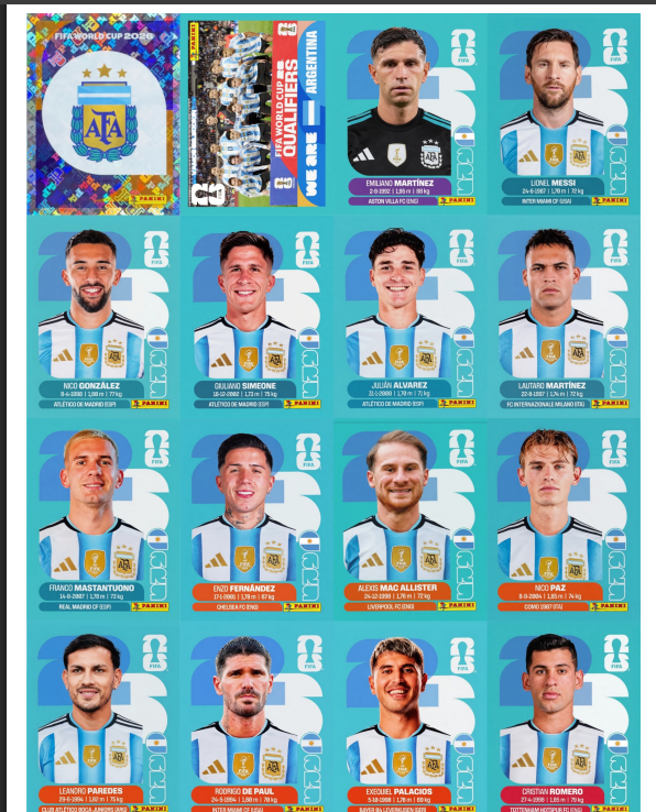 Cartela com figurinhas da Seleção Argentina