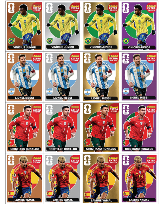 Variantes Extra Sticker: Vini Jr · Messi · CR7 · Yamal