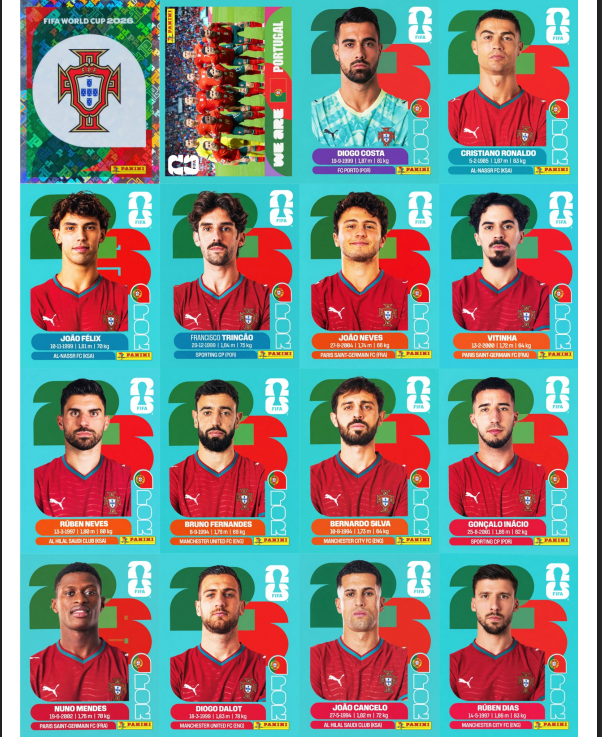 Cartela com figurinhas da Seleção Portugal