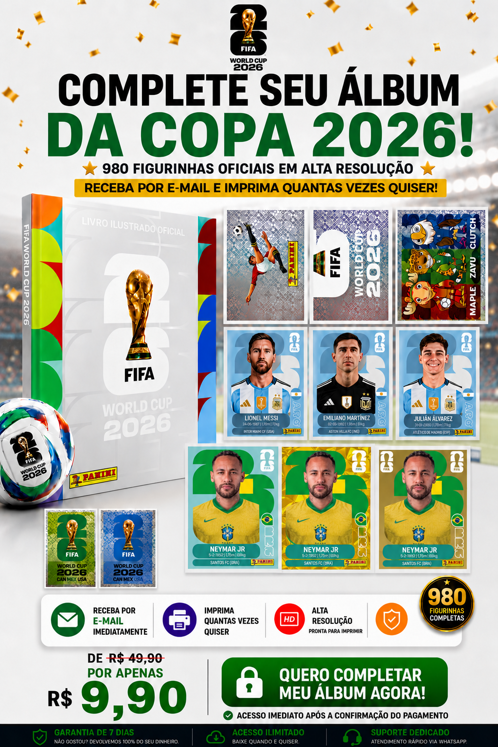 Pack Completo da Copa 2026 atualizado · 980 figurinhas oficiais em alta resolução, entrega por e-mail