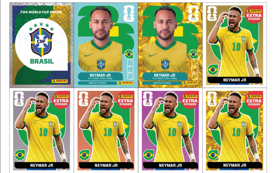 Neymar Jr · variantes Extra Sticker prata, rosa, vermelha, verde e dourada + escudo Brasil